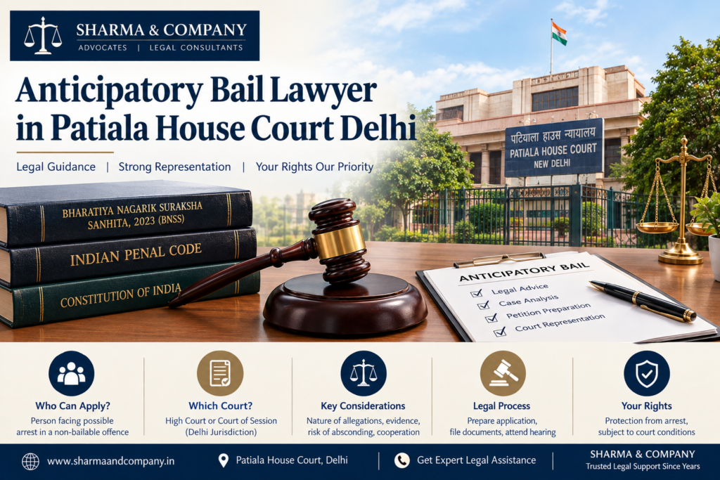 Anticipatory Bail Lawyer in Patiala House Court Delhi, illustrating legal documents, a gavel and the Indian criminal justice system.