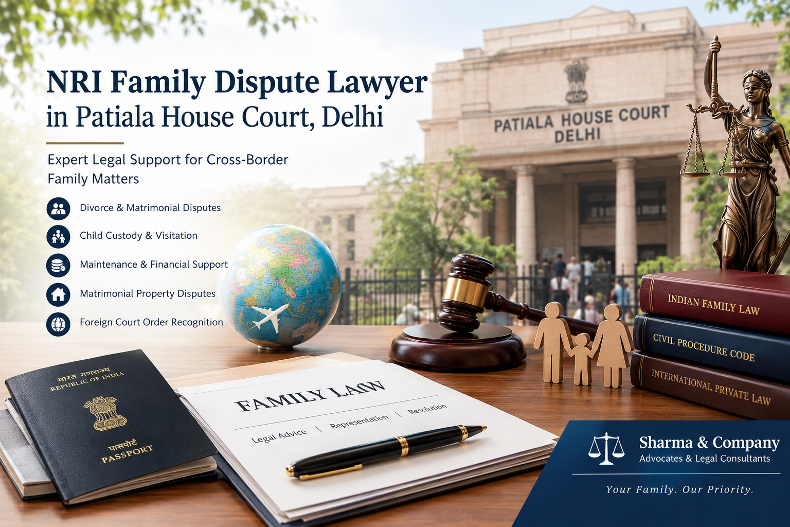 NRI Family Dispute Lawyer in Patiala House Court, Delhi, featuring family law documents, legal files and an Indian court setting representing cross-border matrimonial disputes.